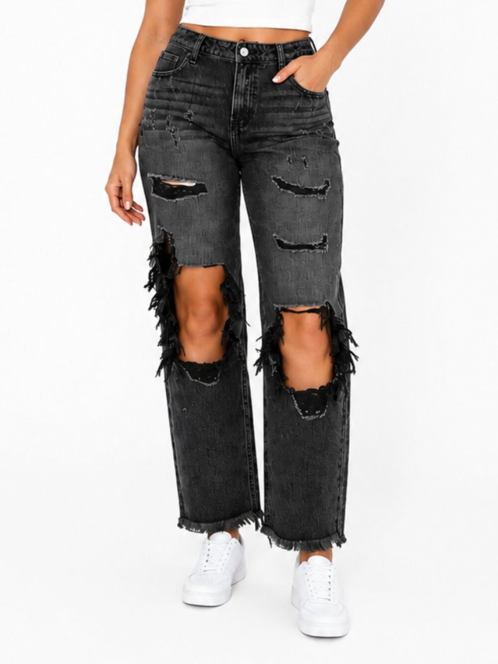 Cello Women’s Black Distressed Ripped Straight Leg Jeans, 11